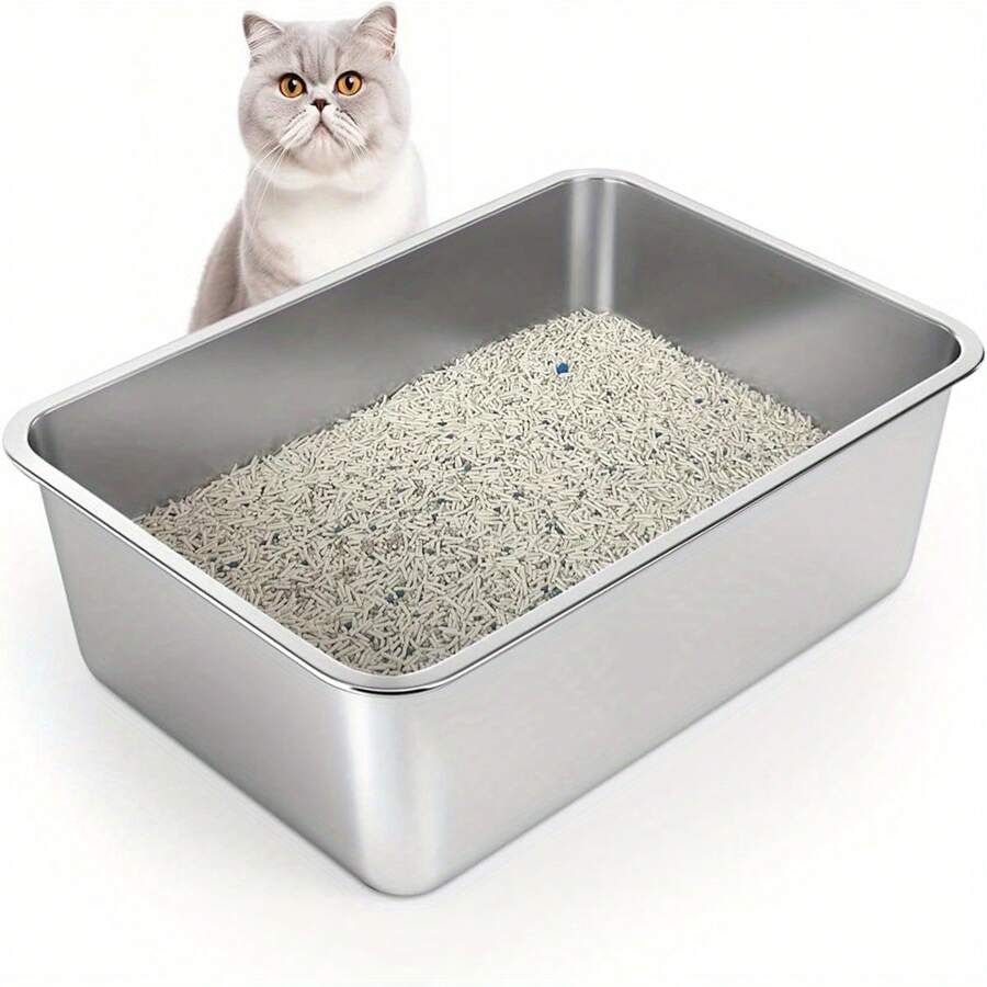 Extra Large Stainless Steel Cat Litter Box, Odorless, Non-Stick, Rust-Proof, High Edge Cat Toilet, Easy To Wash, Large Cat Toilet, Semi-Enclosed, Anti-Odor Pet Supplies - Silver - View 1