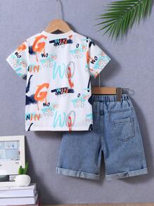 Young Boy Letter Print Short Sleeve T-Shirt And Denim Shorts Set, Summer