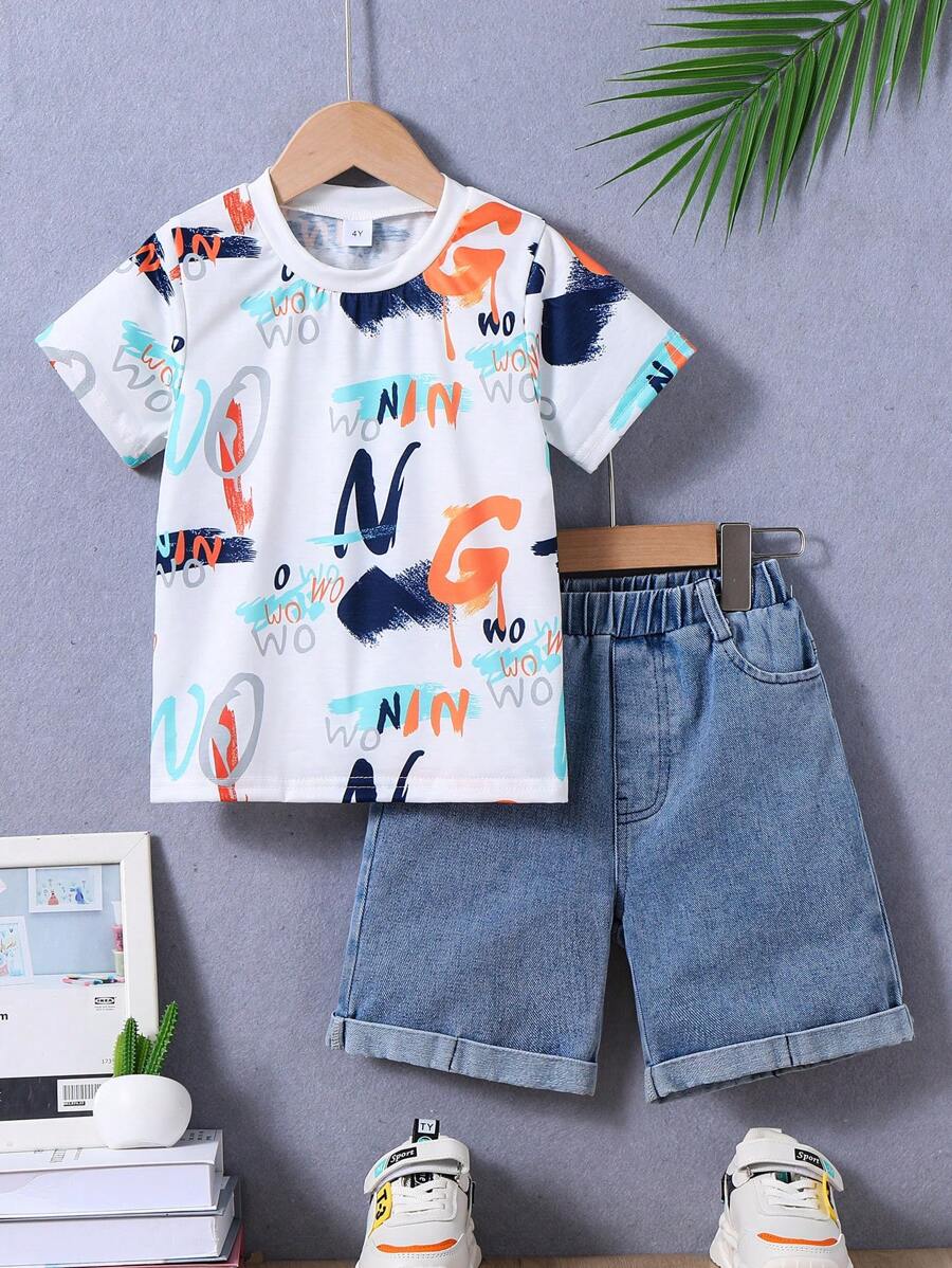 Young Boy Letter Print Short Sleeve T-Shirt And Denim Shorts Set, Summer