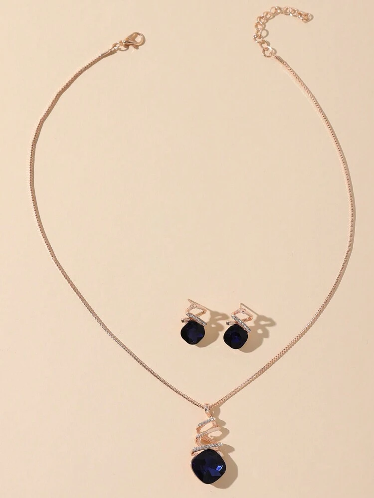 1pc Stylish & Elegant Geometric Crystal Necklace With 1 Pair Of Earrings Jewelry Set, Suitable For Women Daily Wear, Gift For Friends