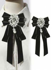 1pc Women's Fashion Black Gemstone Pendant With Black Ribbon Bow Necktie, Suitable For Banquet, Gift, School Outfit - Black - View 5