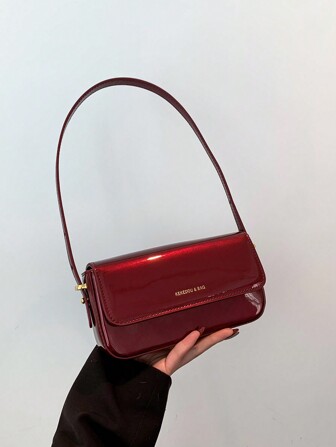 Clean Color Simple Elegant New Fashion School Commute Casual Travel Patent Leather Mini Square Bag, Fashionable Burgundy Bag , Red Bag