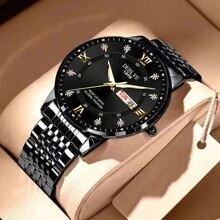 Reloj de cuarzo de 1 pieza de la marca DEBLVE con esfera redonda, correa de acero, calendario luminoso y cronómetro, moda unisex - Negro - Ver 5