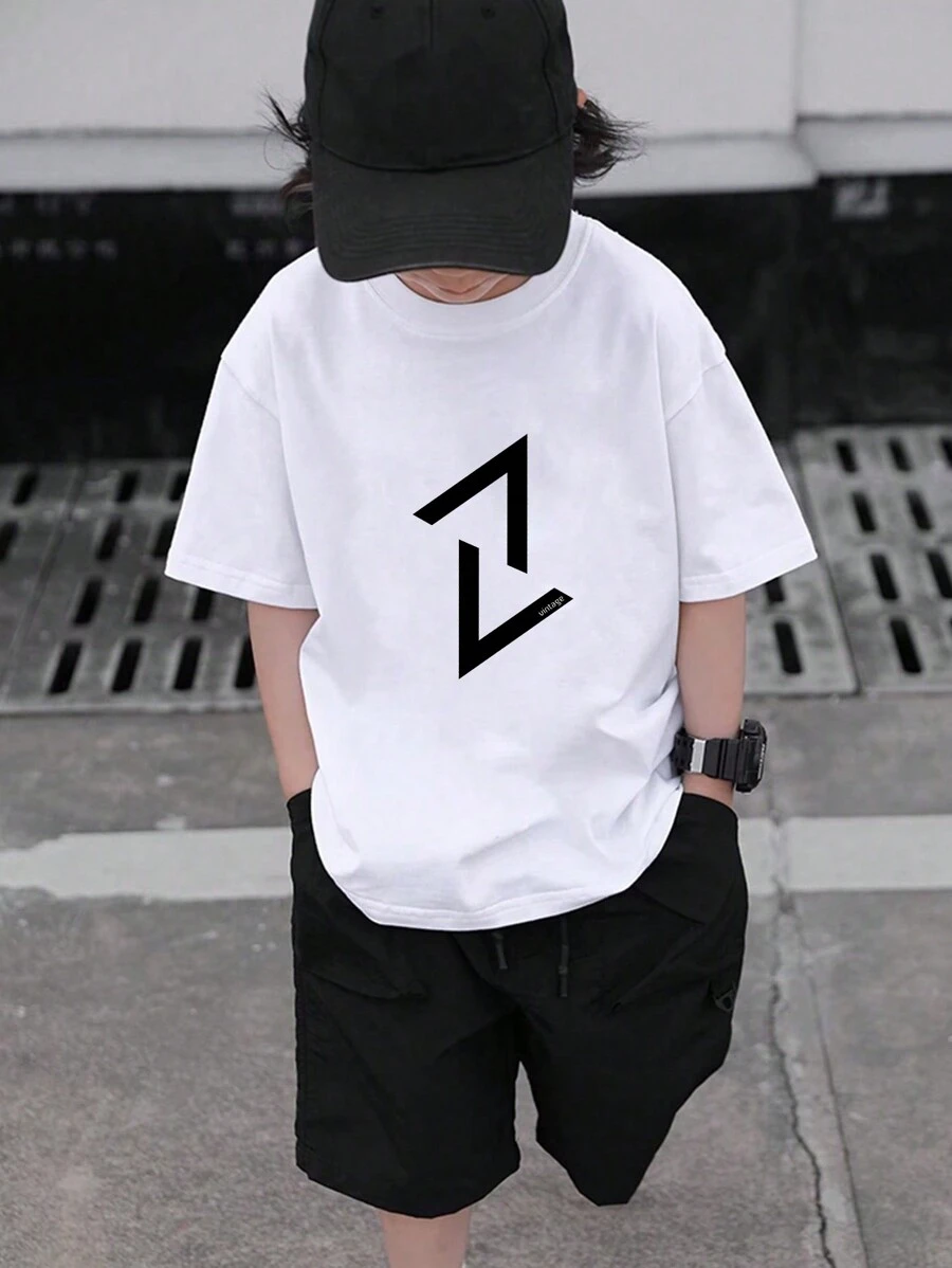 1pc Tween Boy 2025 New Summer Tween Boy Letter Print Round Neck Short Sleeve T-Shirt, Casual Top - White - View 1