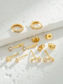 TUANZISP 3 Pairs Exquisite Fashionable Versatile Copper & Zirconia Golden Women Earrings Set, With Multiple Styles Of Studs, Clasps & Drops, Ideal Ladies Jewelry Gift - Gold - View 2