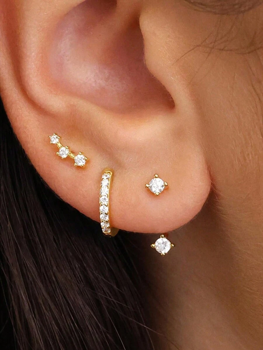 TUANZISP 3 Pairs Exquisite Fashionable Versatile Copper & Zirconia Golden Women Earrings Set, With Multiple Styles Of Studs, Clasps & Drops, Ideal Ladies Jewelry Gift - Gold - View 1