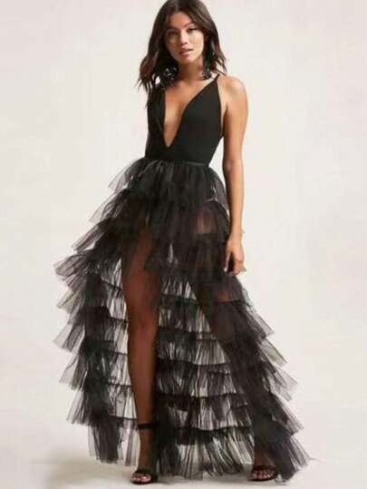 1pcWomen's Black Flowing Mesh Pleated High-Waisted Skirt Shot For A Gothic Steampunk Party Fall Clothes For Women