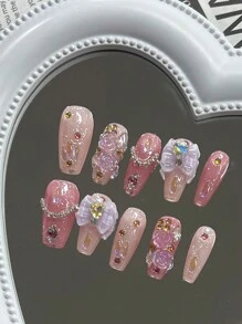 10pcs Handmade Coffin Shaped False Nails With Pink And Purple Shimmery Butterflies, Pink Rhinestones, And Chain Decoration For Ballet Style Nails. Comes With 1pc Jelly Glue, 1pc Nail File And 1pc Cuticle Stick. This Full Coverage Nail Kit Can Be Used For Any Seasons, Parties, Dances, Suitable For Women, Girls, Students, Parties, Office Workers; Can Be Repeatedly Used By Press-On Wearing And Comes With 1pc Jelly Glue And 1pc Nail File. Nail Supplies Handmade Press On Nails - Multicolor - View 13