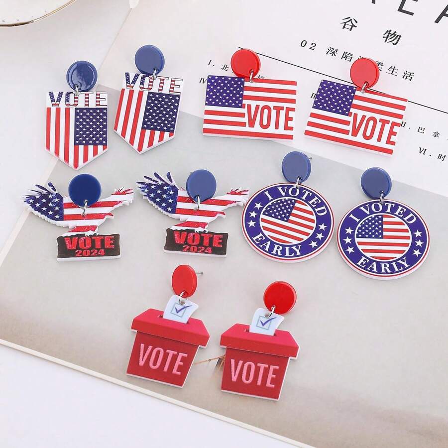 5pairs/Set Usa Vote Theme Acrylic Earrings Set Including Ballot Box, Eagle, American Flag Design, Suitable For Daily Wear And Voting Parade - VOTE - View 1