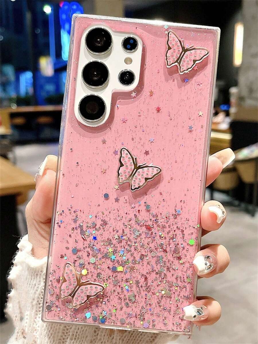 1 件粉色星空手机壳适用于三星 Galaxy S24 S24Plus S24Ultra 闪亮水钻蝴蝶手绳手机壳 - 粉色 - 查看 1