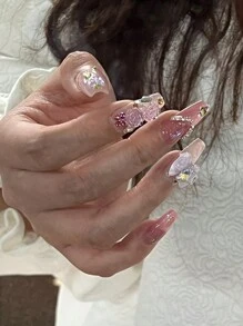 10pcs Handmade Coffin Shaped False Nails With Pink And Purple Shimmery Butterflies, Pink Rhinestones, And Chain Decoration For Ballet Style Nails. Comes With 1pc Jelly Glue, 1pc Nail File And 1pc Cuticle Stick. This Full Coverage Nail Kit Can Be Used For Any Seasons, Parties, Dances, Suitable For Women, Girls, Students, Parties, Office Workers; Can Be Repeatedly Used By Press-On Wearing And Comes With 1pc Jelly Glue And 1pc Nail File. Nail Supplies Handmade Press On Nails - Multicolor - View 3