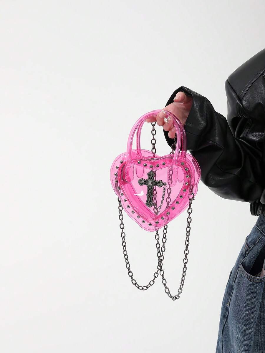 2024年新款透明包迷你機車重型龐克女包，適用於音樂節。 12 * 12 * 57透明清晰可見，符合場館要求，在音樂會，體育賽事和節日中可使用的透明手提包。