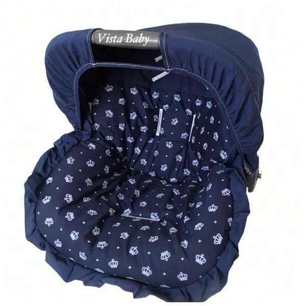 Kit Capa/ Forro para Bebê Conforto com Capota Protetora Solar Tamanho Universal Até 13 Kg Coroas Marinho