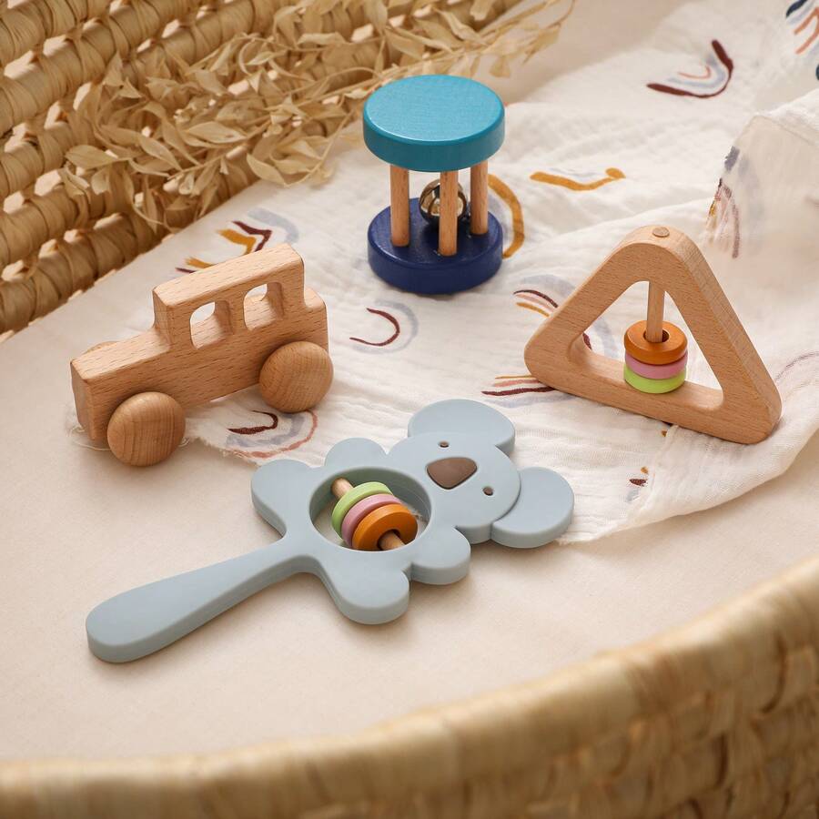 Promise Babe 木制婴儿玩具 4 件套摇铃套装婴儿玩具蒙特梭利婴儿玩具，蓝色房间装饰