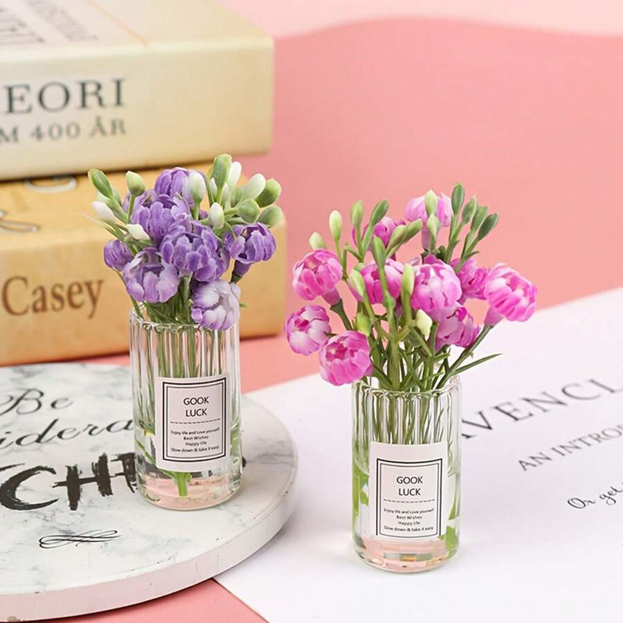1pc Dollhouse Miniature Glass Vase For Flower Arrangement: 1/12 Miniature Decorative Model With Artificial Plants And Flowers