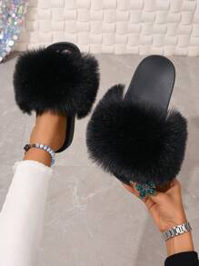 Summer Women Slippers Plush Colorful Beach Solid Color Long Fluffy Anti-Slip Sole Indoor Outdoor Fashion Slippers Flat Sandals