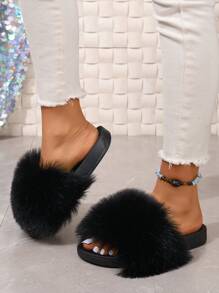 Summer Women Slippers Plush Colorful Beach Solid Color Long Fluffy Anti-Slip Sole Indoor Outdoor Fashion Slippers Flat Sandals