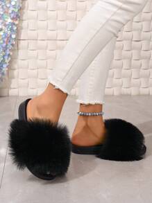 Summer Women Slippers Plush Colorful Beach Solid Color Long Fluffy Anti-Slip Sole Indoor Outdoor Fashion Slippers Flat Sandals