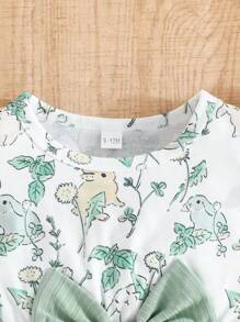 Baby Girl Sweet Green Bowknot Dress & Cute Flower Printed Dress, Fashionable 2pcs Set For Summer - Green - View 8