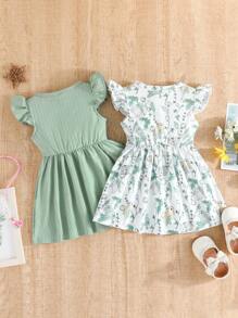 Baby Girl Sweet Green Bowknot Dress & Cute Flower Printed Dress, Fashionable 2pcs Set For Summer - Green - View 2