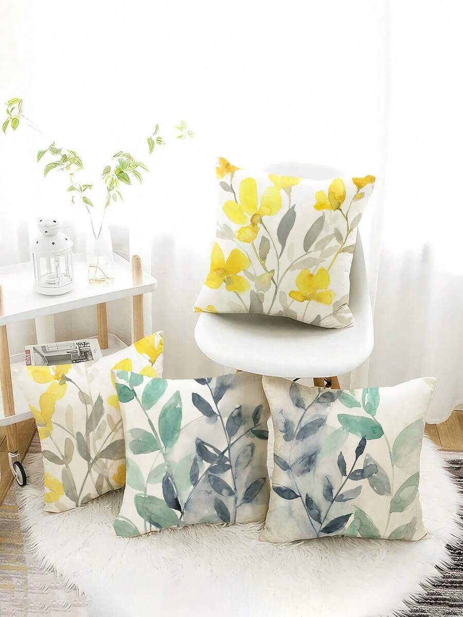 4pcs Super Soft Decorative Throw Pillow Covers With Fresh And Simple Green Leaves Design, Suitable For Car, Home Decoration, Bedroom, Living Room, Sofa - Multicolor - View 1