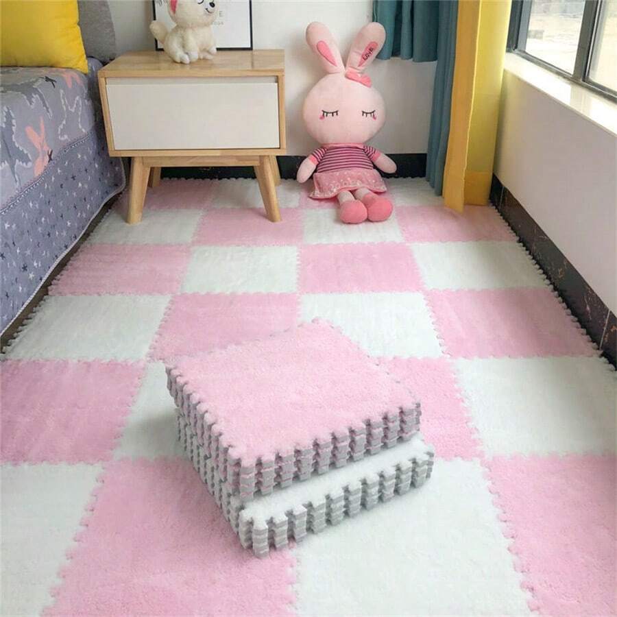 10pcs Plush Carpet Puzzle Play Mat For Crawling Babies, Bedroom Decoration Anti-Slip And Waterproof Splice Combination Mat - White+Pink - View 1