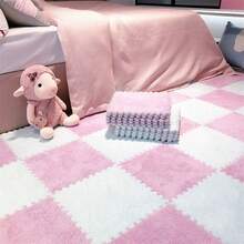 10pcs Plush Carpet Puzzle Play Mat For Crawling Babies, Bedroom Decoration Anti-Slip And Waterproof Splice Combination Mat - White+Pink - View 4
