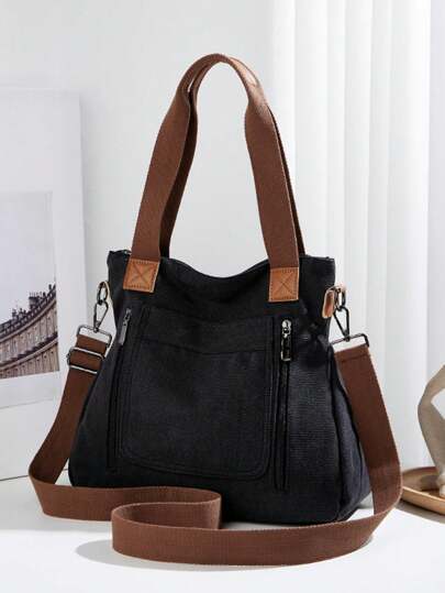 Bolso de lona de gran capacidad vintage, bolso de mano con compartimentos con cremallera de unicolor, bolso de hombro cruzado, bolso de gimnasio, bolso hobo, con correa ajustable y desmontable, adecuado para trabajo, compras de vacaciones, viajes, uso diario
