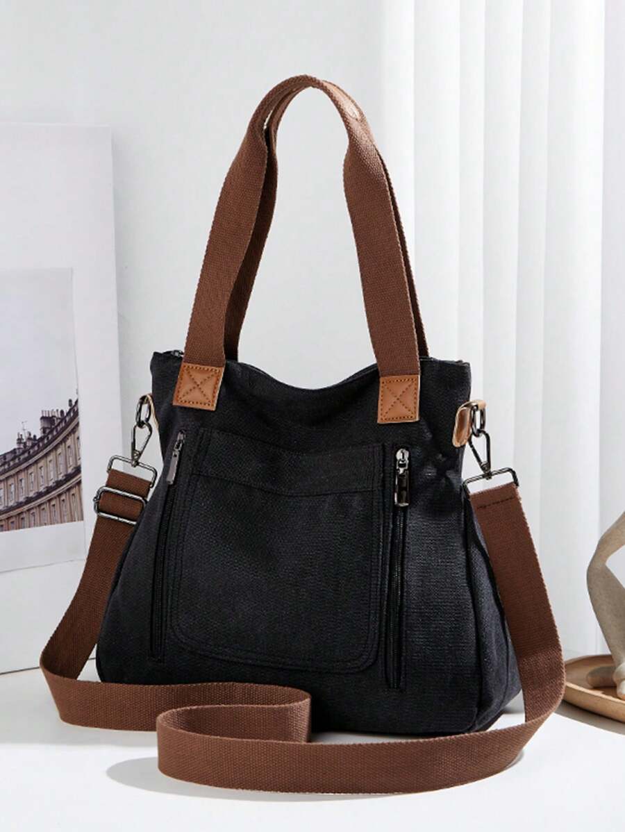 Vintage Large Capacity Canvas Tote Bag, Solid Color Multi-Compartment Zipper Handbag Shoulder Crossbody Bag Gym Bag Hobo Bag, Detachable Adjustable Strap, Suitable For Work, Holiday Shopping, Travel, Daily Use
