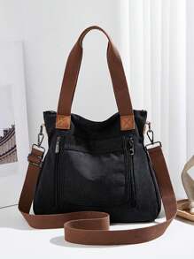 Vintage Large Capacity Canvas Tote Bag, Solid Color Multi-Compartment Zipper Handbag Shoulder Crossbody Bag Gym Bag Hobo Bag, Detachable Adjustable Strap, Suitable For Work, Holiday Shopping, Travel, Daily Use - Black - View 3