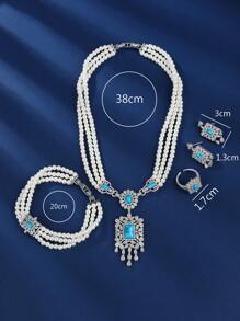 4入組珍珠和鋯石層疊項鍊套裝，配有藍松石細節，適合女士參加宴會和派對