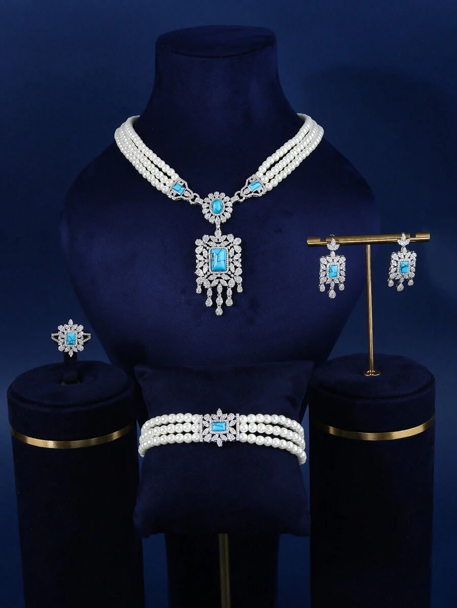 4入組珍珠和鋯石層疊項鍊套裝，配有藍松石細節，適合女士參加宴會和派對