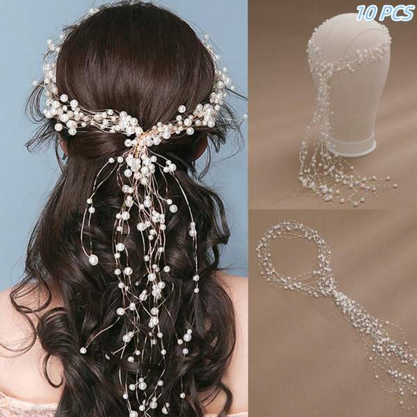 10pcs Girls' Natural Pearl Tassel Headbands, Perfect For Travel, Wedding, Photography, Party, Hair Accessories