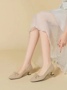方头浅口刺绣粗跟面料纯色休闲透气大码女式高跟鞋 - 淺杏色 - 查看 3