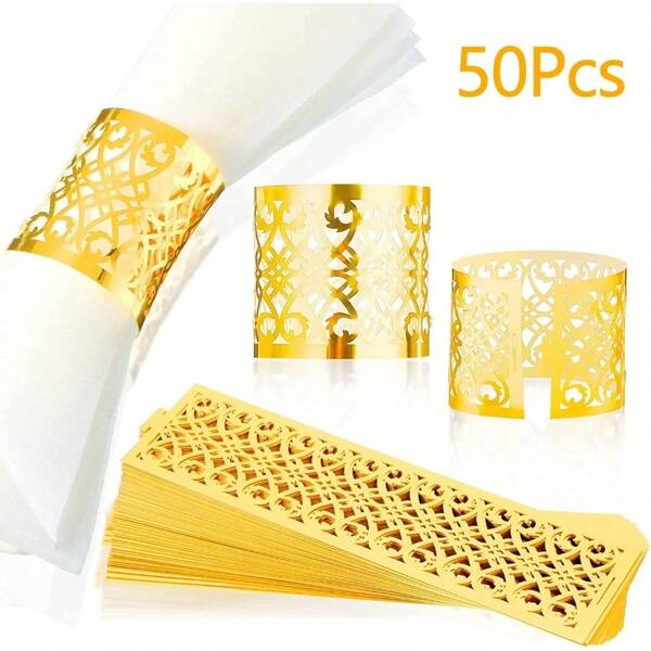 50Pcs Napkin Rings Laser Cut Gold And Silver Paper Napkin Ring Holder For Hotel Birthday Wedding Baptism Xmas Party Favor Table Dinner Decoration