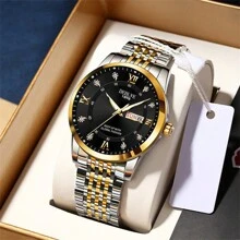 Reloj de cuarzo de 1 pieza de la marca DEBLVE con esfera redonda, correa de acero, calendario luminoso y cronómetro, moda unisex - Negro - Ver 3