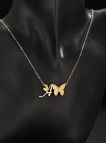 1件金色喷绘蝴蝶字母心形吊坠不锈钢项链，时尚精致颈链，夏季项链，儿童生日礼物 - 金黃色 - 查看 2