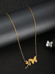 1件金色喷绘蝴蝶字母心形吊坠不锈钢项链，时尚精致颈链，夏季项链，儿童生日礼物 - 金黃色 - 查看 3