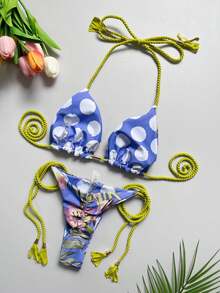 Damski, tropikalny nadruk, pleciony, wiązany na szyi, zestaw bikini na lato - Wielokolorowe - Zobacz 2
