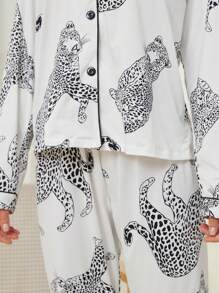 Casual Animal Leopard Print Collared Long Sleeve Top And Loose Pants Comfortable Women's Pajamas Set, Fall Winter Clothes