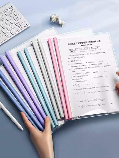 10pcs/Set Transparent A4 Waterdrop-Shaped Document Folder, With Handle, Morandi Color Large Capacity Transparent Insert Plastic Pull Rod Clip, Single Page Book Classification Folder, Exam Paper Data Folder, Suitable For Office And School, Colors Random Back To School, School Supplies