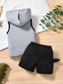 2pcs/Set Young Boy Summer Shark Print Hooded Tank Top And Shorts Set, Suitable For Sports, Casual, Students, Vacation, Age 2-6 Years Old