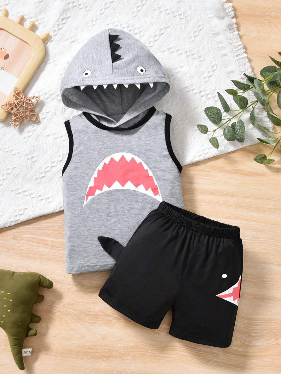 2pcs/Set Young Boy Summer Shark Print Hooded Tank Top And Shorts Set, Suitable For Sports, Casual, Students, Vacation, Age 2-6 Years Old