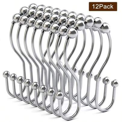 12pcs Silver Stainless Steel Bathroom Curtain Hooks With Double Hooks And Adhesive For Curtain And Shower Curtain Hardware Accessories Home Bathroom Decor Fall Decor Bathroom Accessories Back To School