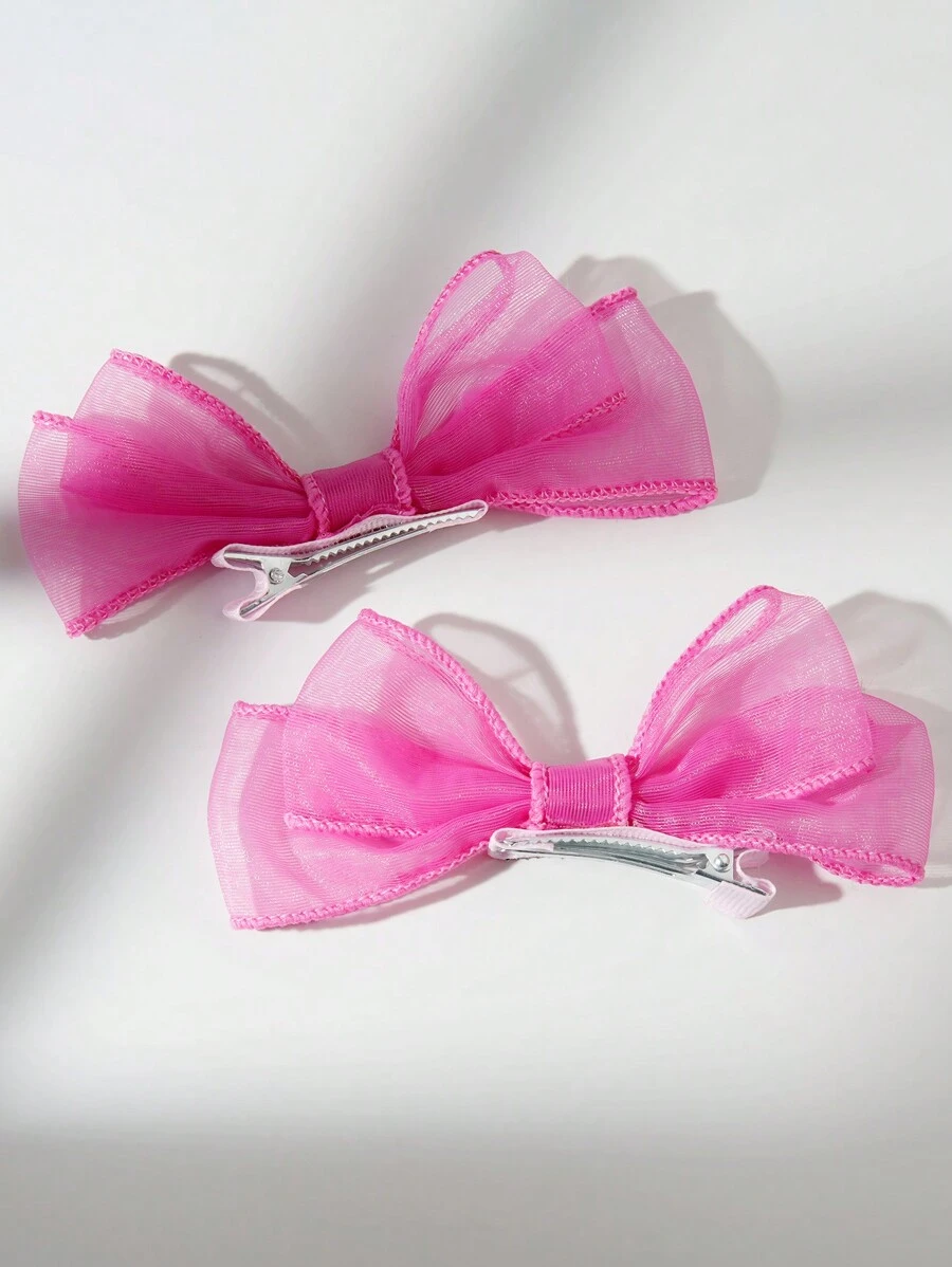 2pcs Sheer Mesh Ribbon Bow Hair Clips For Girl - Hot Pink - View 1