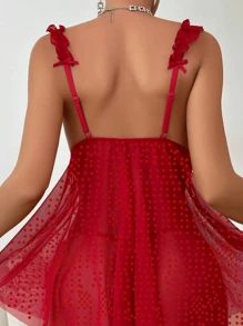 Camisola Linda Tule Poá Feminina Sensual bolinhas e calcinha - Vermelho - Visão 4