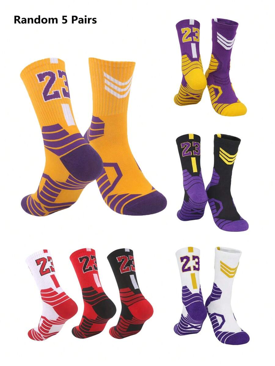 5 pares/set Calcetines de baloncesto de longitud media con estampado de dibujos animados para parejas en colores aleatorios, estilo de moda, para gimnasio