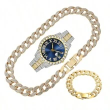 3pcs Necklace Bracelet Quartz Watch Set, Boxed Men's Gift - Multicolor - View 7