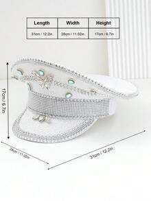 1頂中性銀色鑲鑽珍珠派對帽，手工製作，大寶石和鉚釘，獨特的設計，適用於單身派對，成人女性閃閃發光的生日帽，Cosplay道具，珠寶和水晶，銀色魅力，繁星般的船長帽，前衛性感風格，適用於婚禮，爵士表演，舞台表演，假日派對 - 白色 - 查看 3
