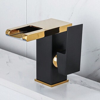 1个LED浴室水槽龙头，三色变色瀑布式出水嘴，黑金配色，单把手，冷热水瀑布式出水嘴，适用于梳妆台、房车浴室